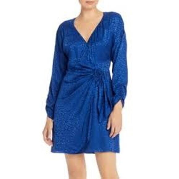 PARKER | 10 | Linda Cheetah-Print Faux-Wrap Dress Short Silk Mini Cobalt Blue - Picture 1 of 6